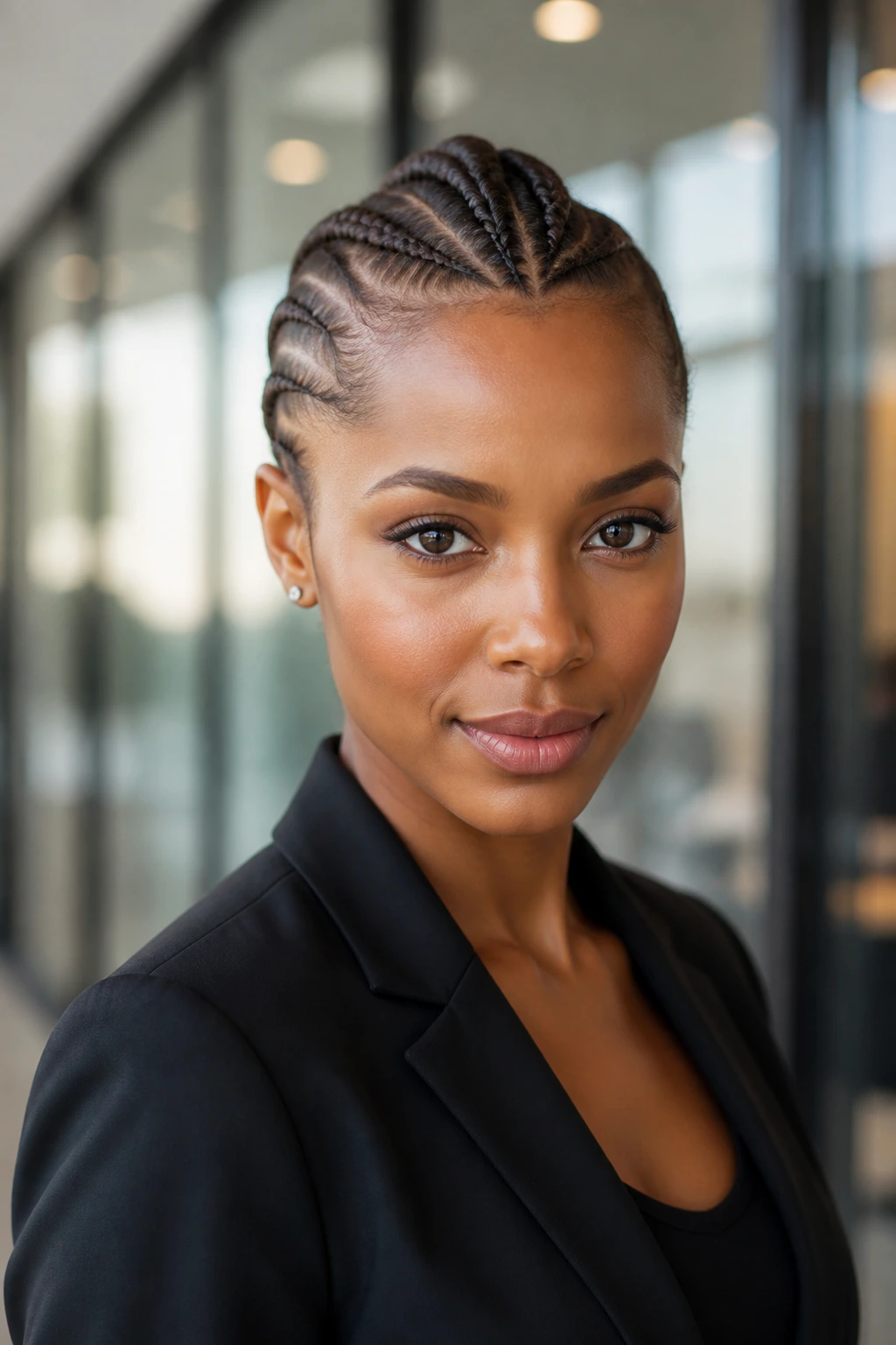 Close-up of a person with a mohawk-inspired faux-hawk braid in a corporate hallway