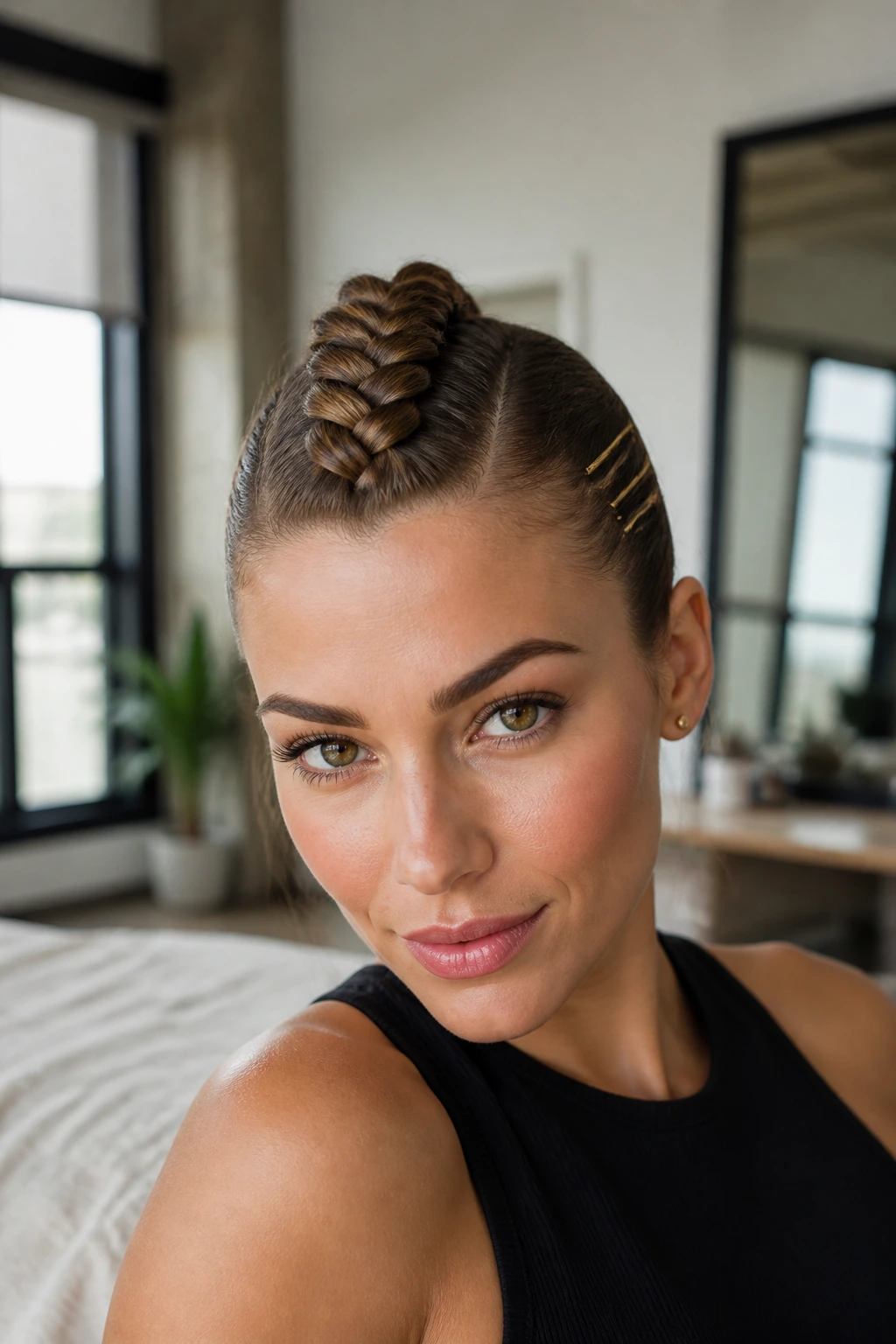 Front three-quarter portrait of a woman with a raised center Dutch braid and sleek sides
