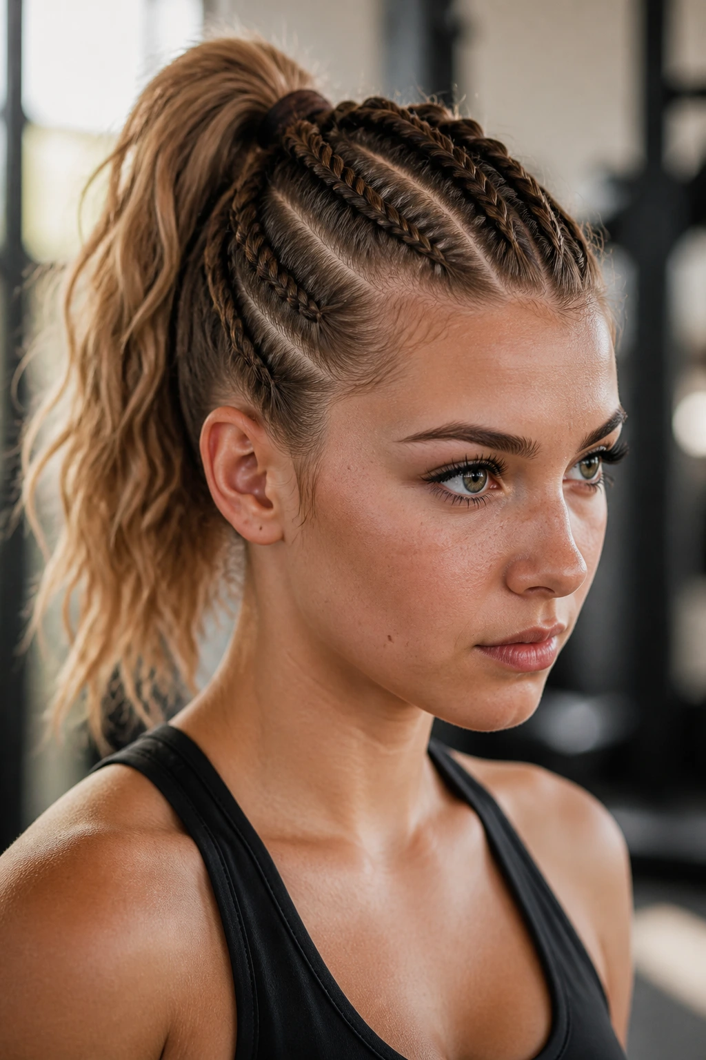 Close-up of a real person with the faux-hawk braid hairstyle