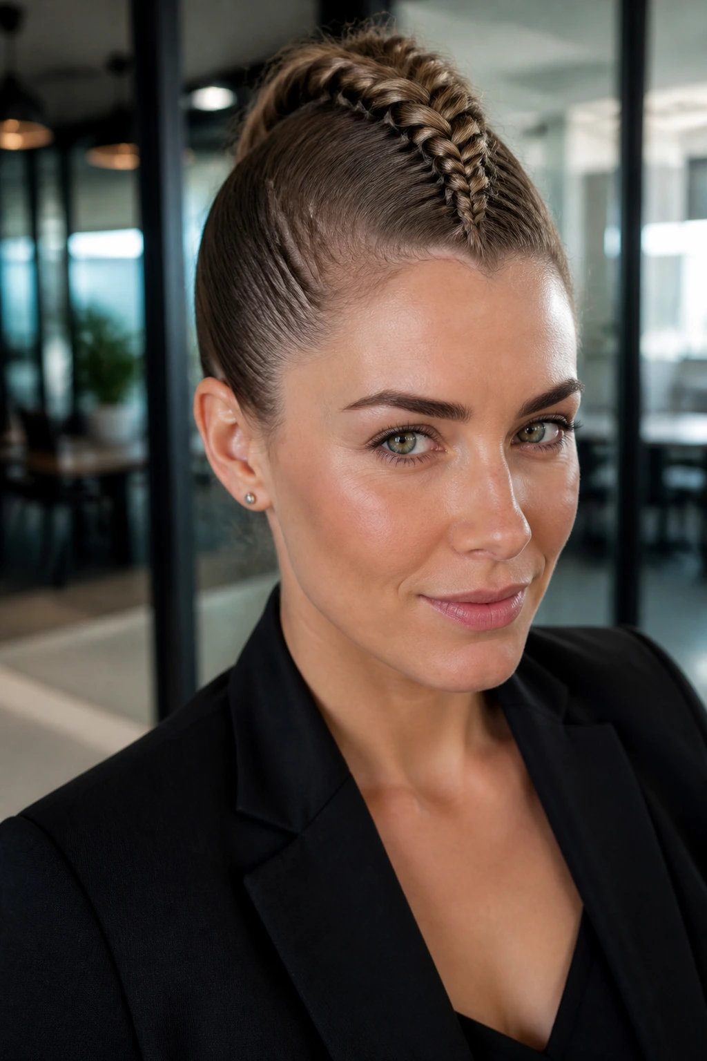 Close-up of a real person with a center faux hawk braid in a professional setting
