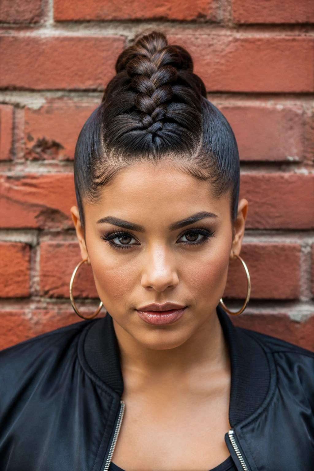 Front-facing portrait of a woman with a center French braid forming a faux-hawk and slick sides.