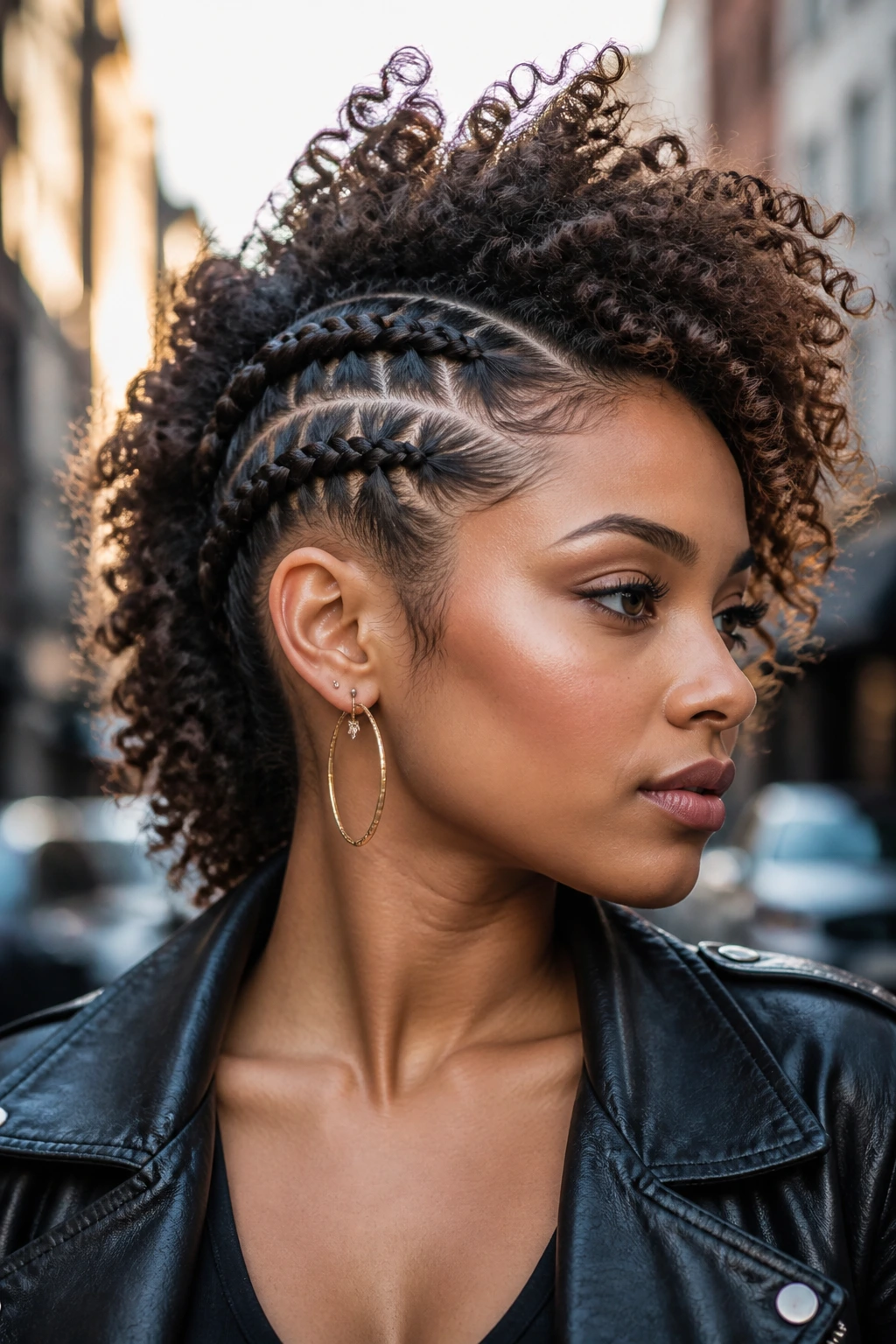 Close-up portrait of a real woman with a braided faux-hawk hairstyle forming a central spine
