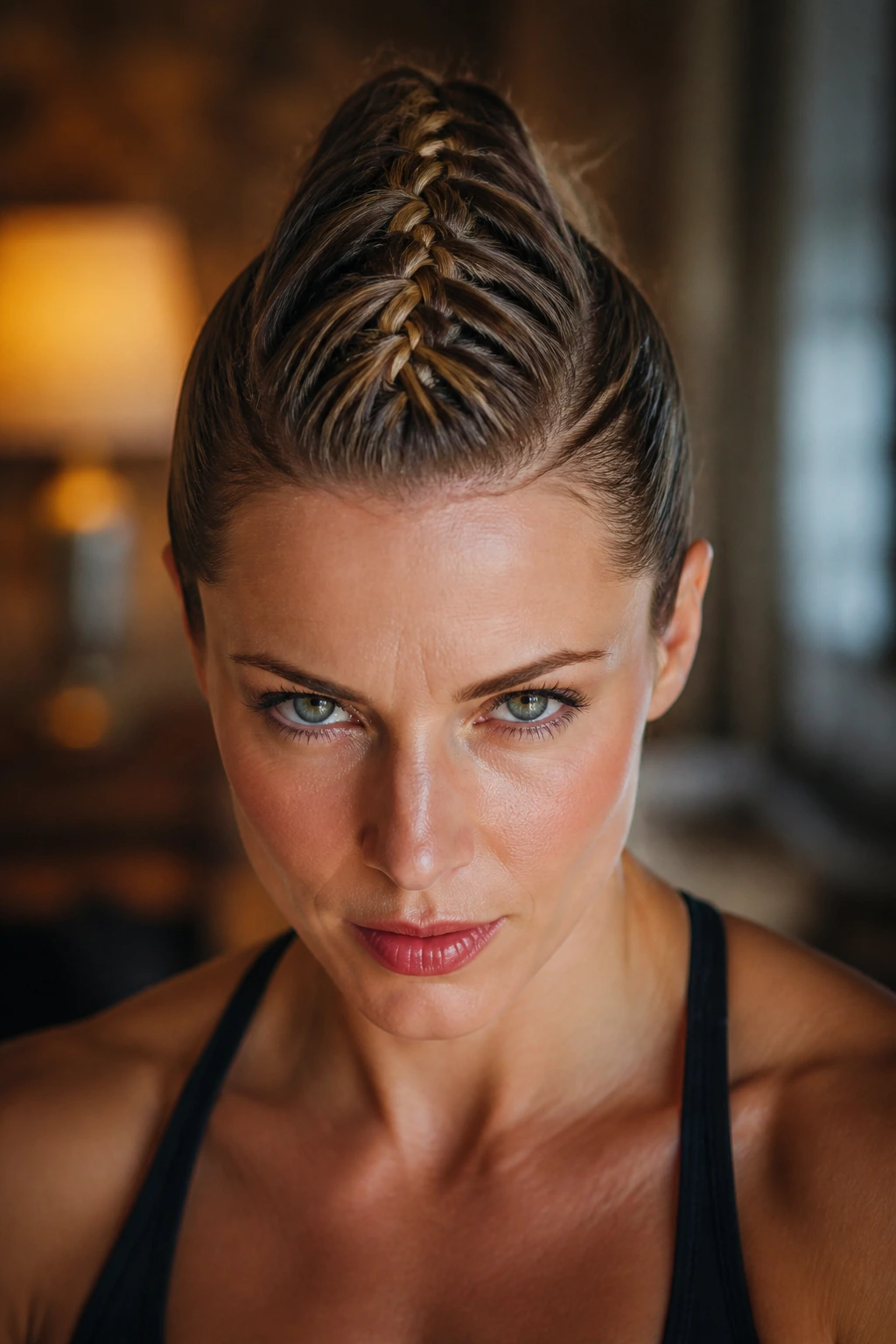 Close-up of a real person with a central faux-hawk braid and slicked-back sides.