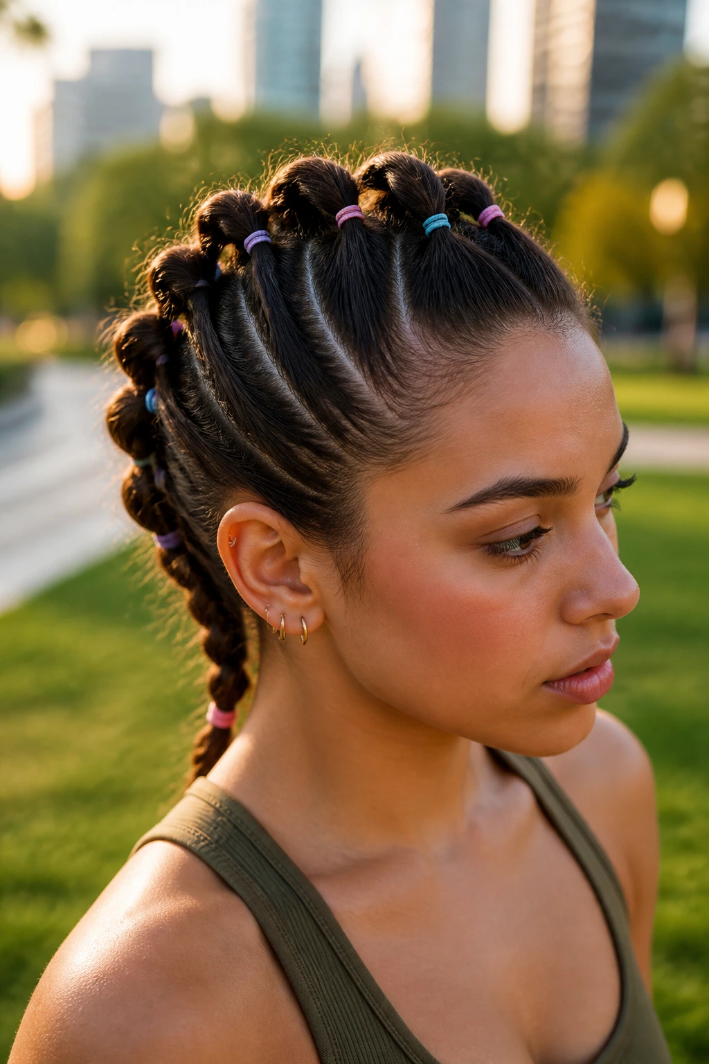 Close-up of a real person with a faux-hawk braid across the crown.