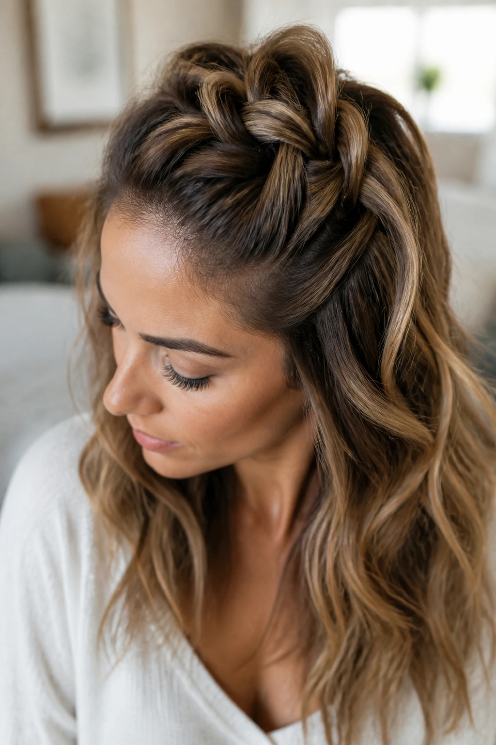 Close-up of a real woman with a wide, loose braid lifting the crown for volume.