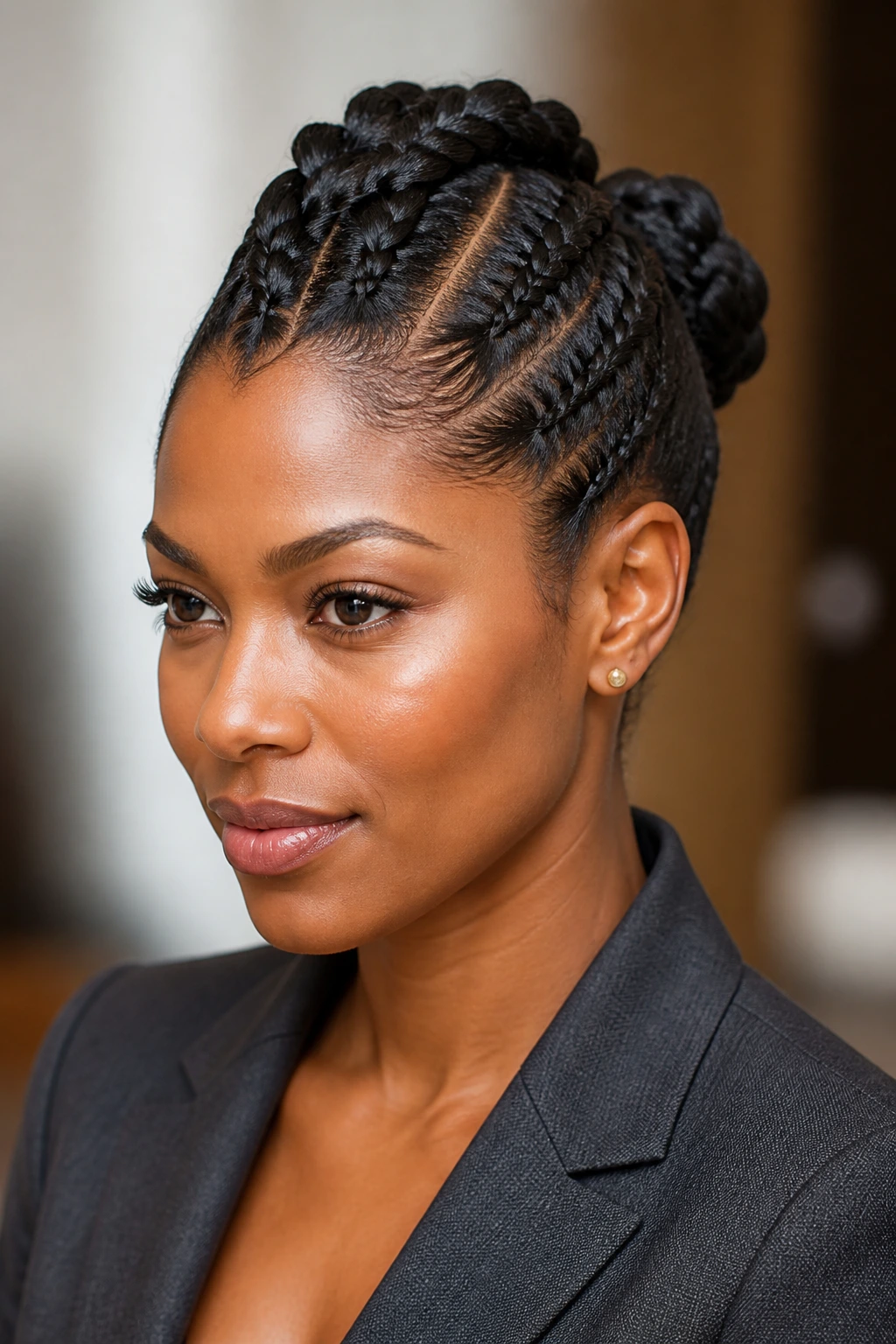 Close-up of a real woman with a braided faux-hawk in an office