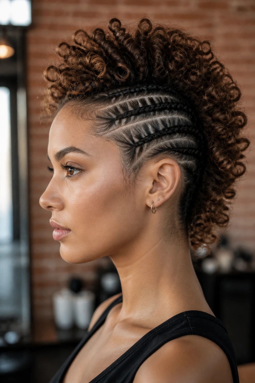 Close-up portrait of a real person with a dramatic faux hawk and braided sides