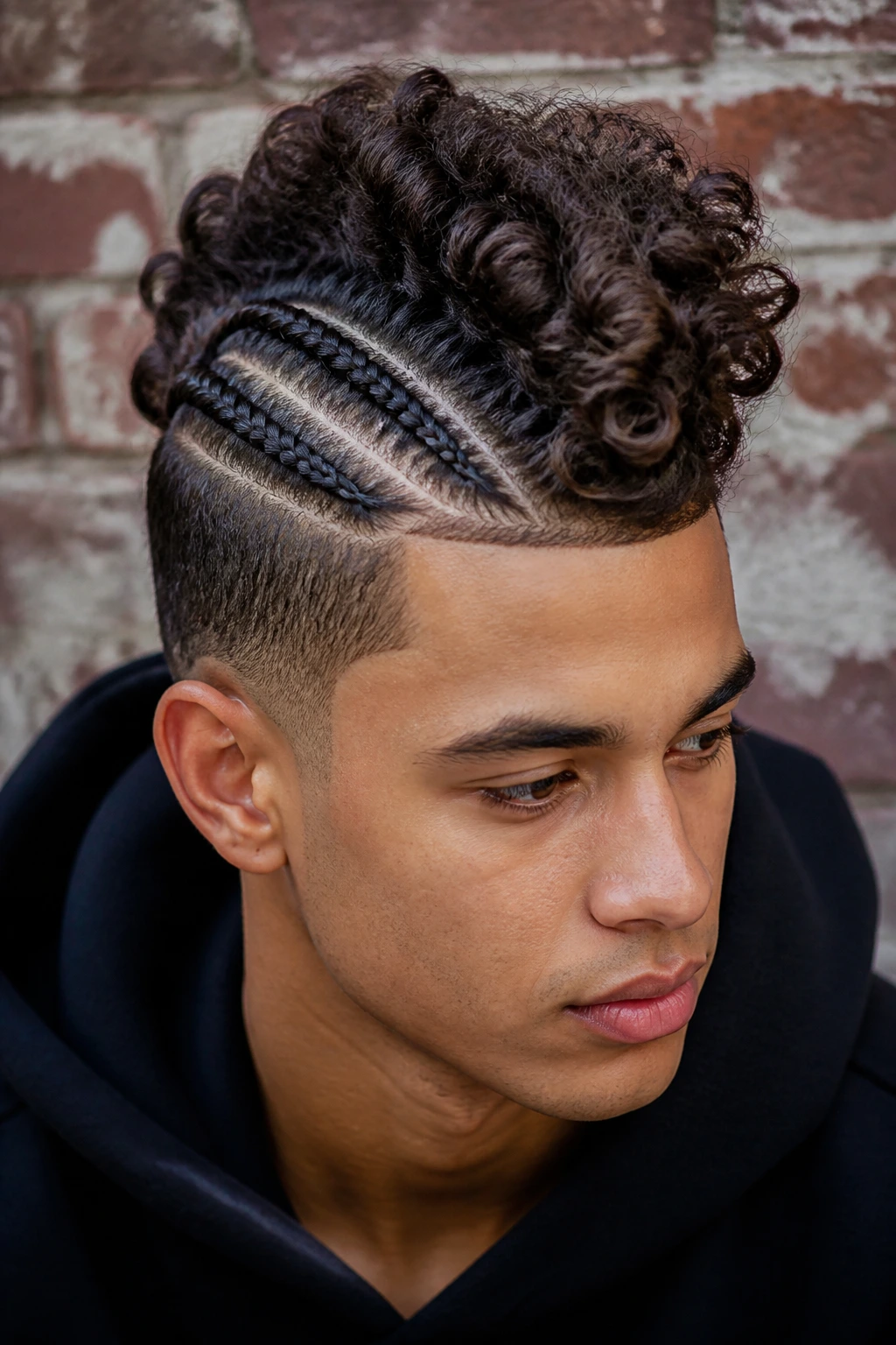 Close-up of a real person with faux-hawk braided sides