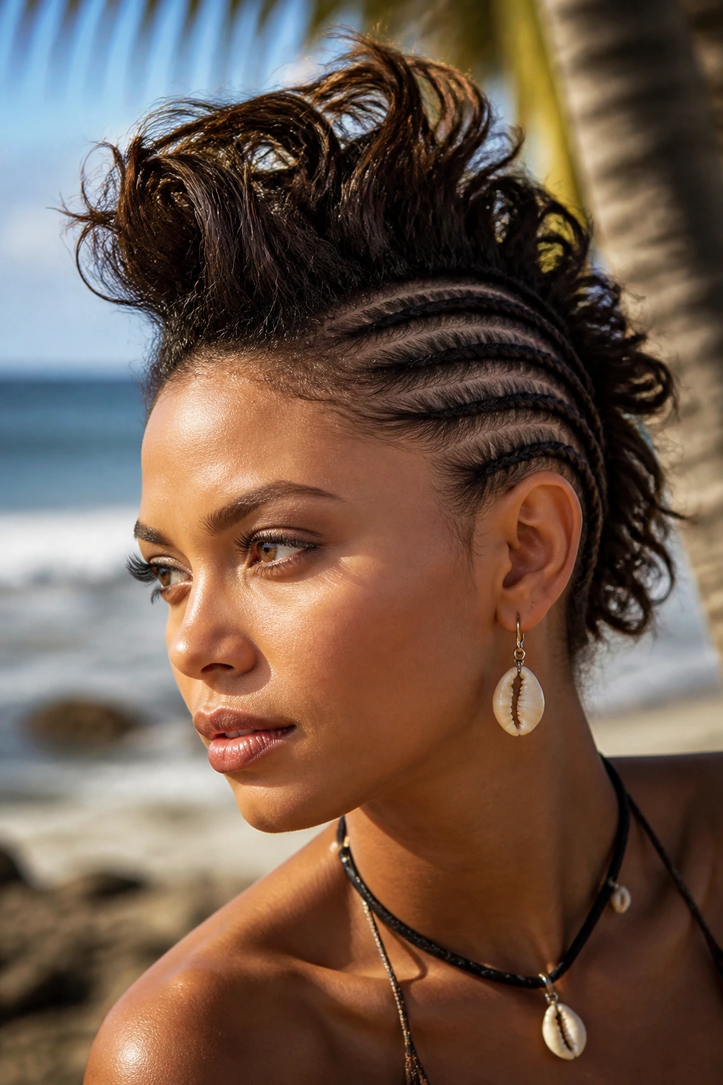 Close-up of a real person with braided sides faux hawk on a tropical coast