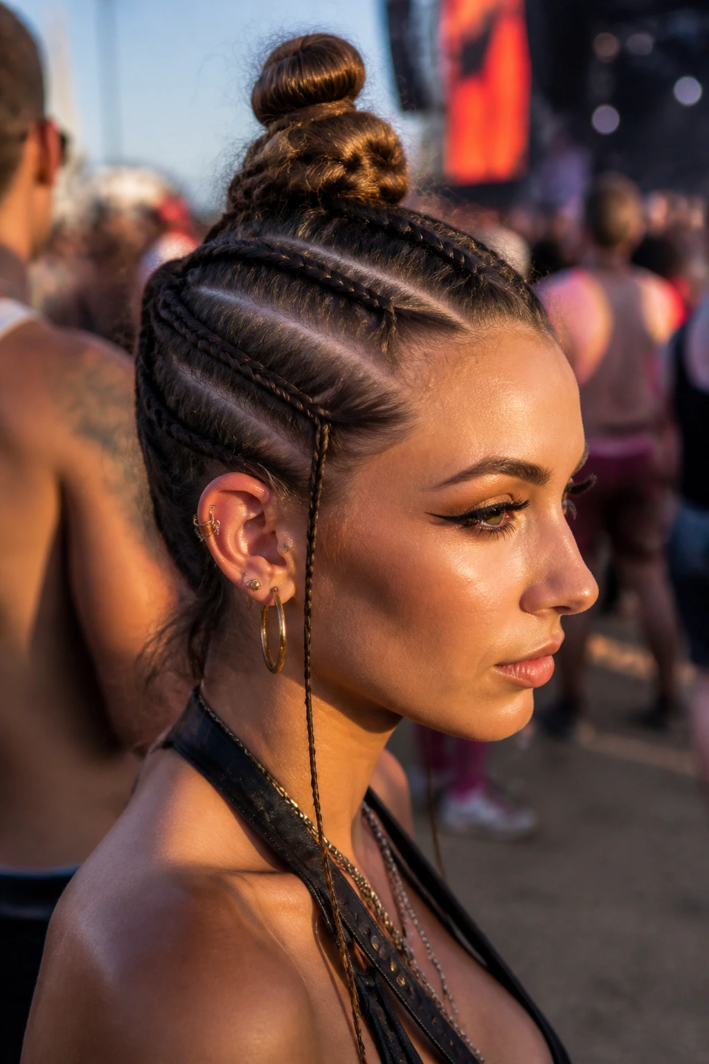 Close-up portrait of a real woman with a faux-hawk of mini braids at a festival