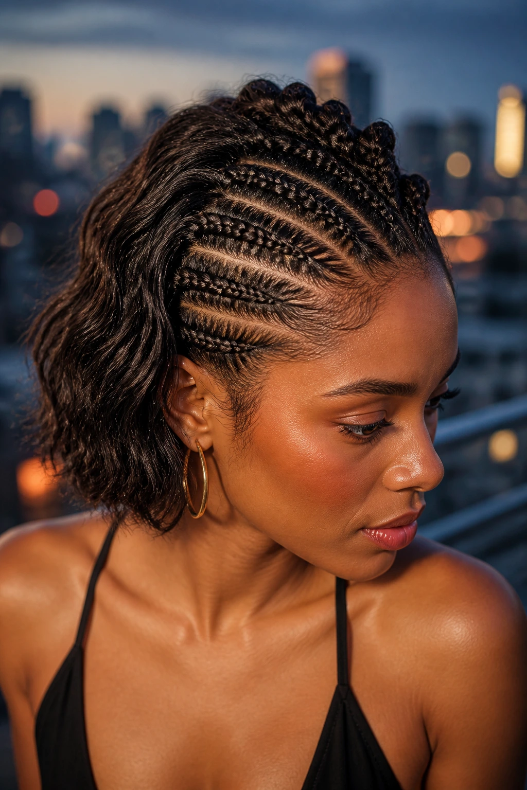 Close-up of a real woman with horizontal crown braids forming a faux hawk, city lights in background