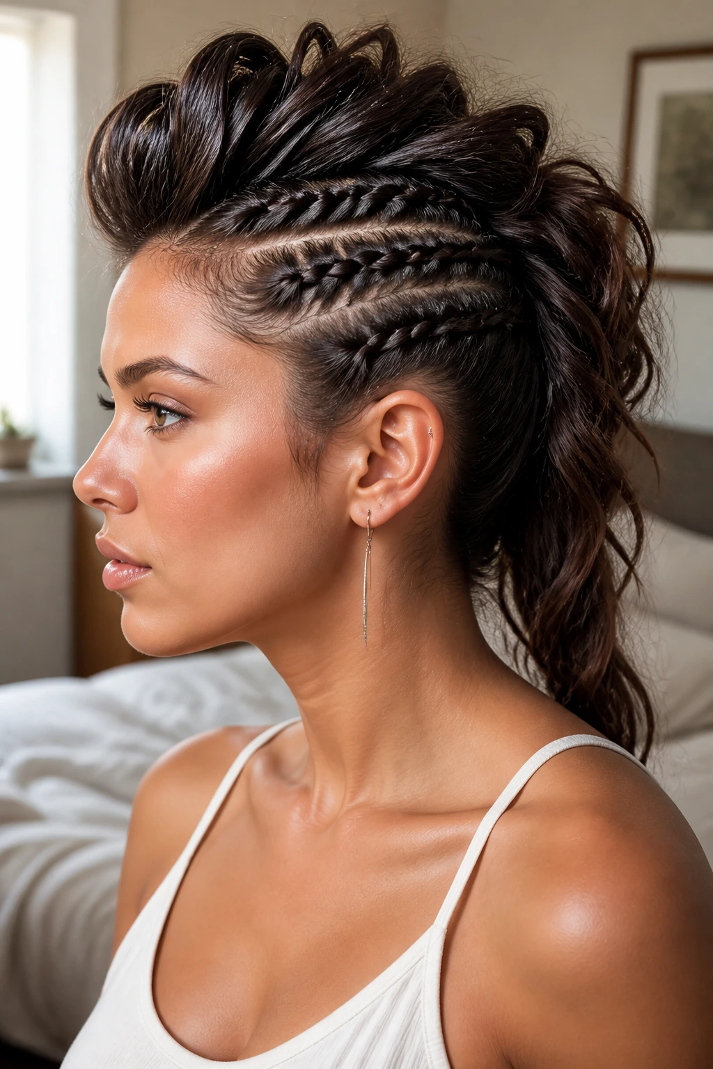 Close-up portrait of a real woman with side Dutch braids forming a faux hawk