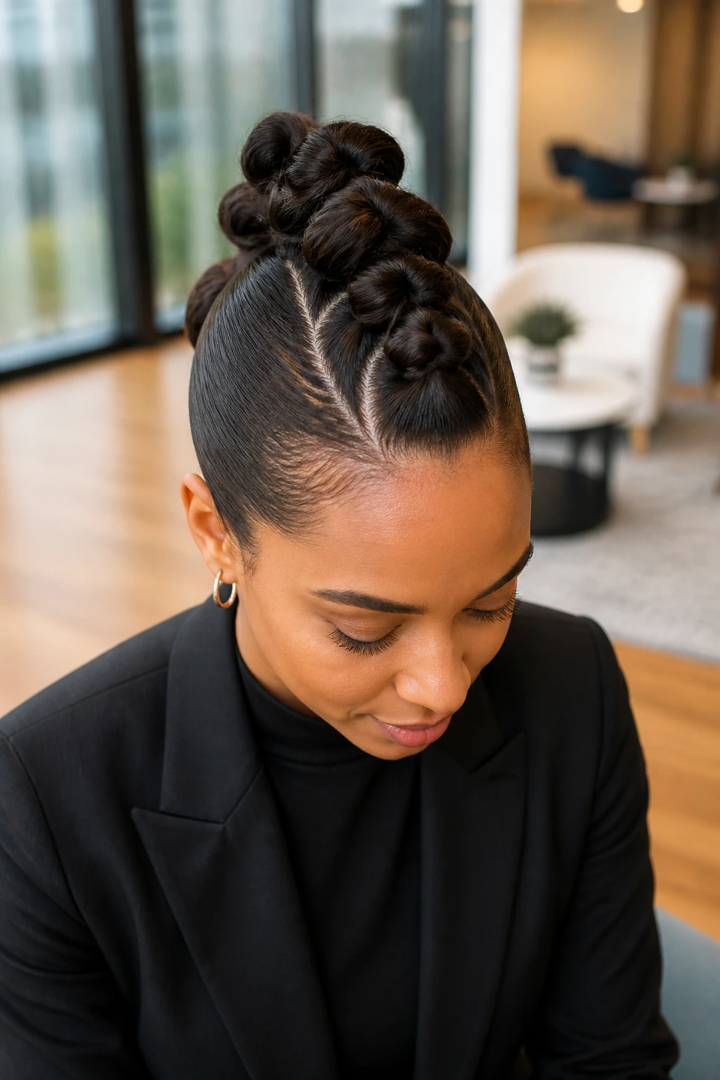 Close-up of a person with a center-line row of uniform buns forming a faux hawk in an office setting.