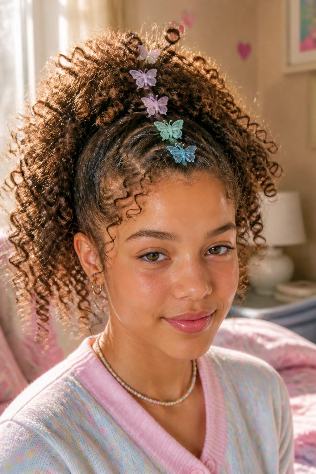 Close-up of a real person with a faux-hawk secured by pastel butterfly clips