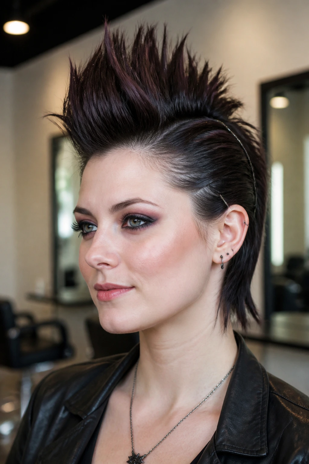 Close-up portrait of a real person with a faux-hawk featuring center spikes and pinned-back sides.