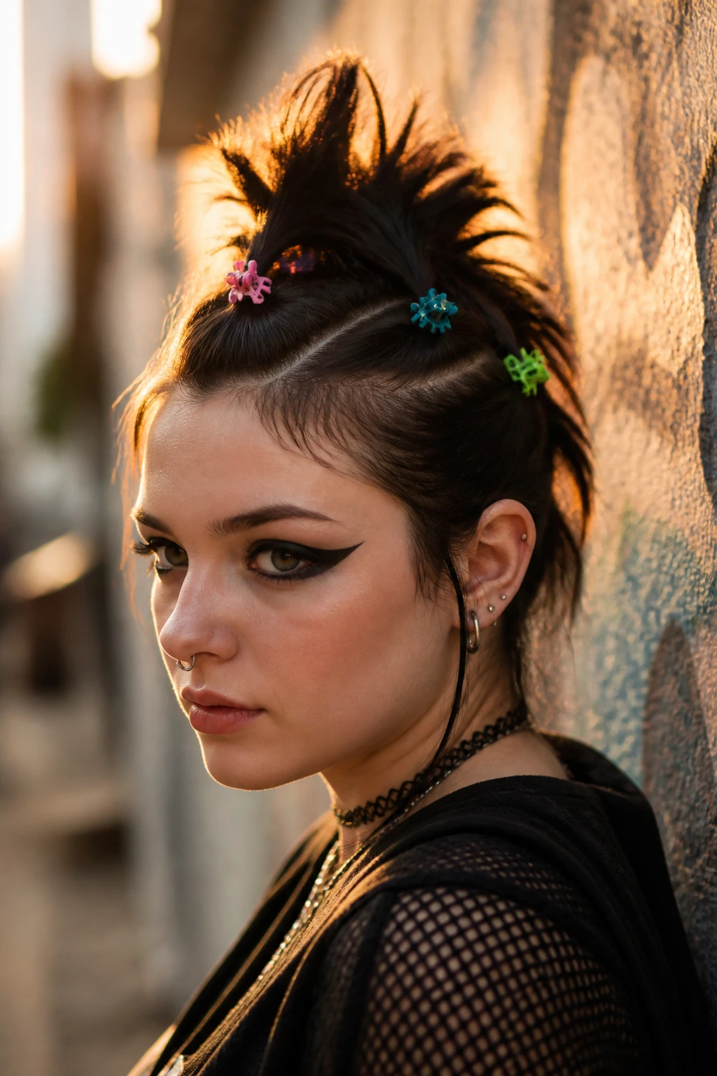 Close-up of a real person with a choppy faux-hawk secured by claw clips