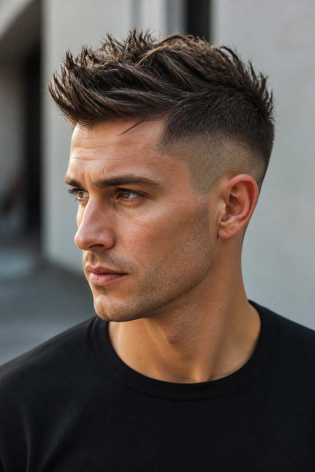 Portrait of a person with a faux hawk crop and textured center
