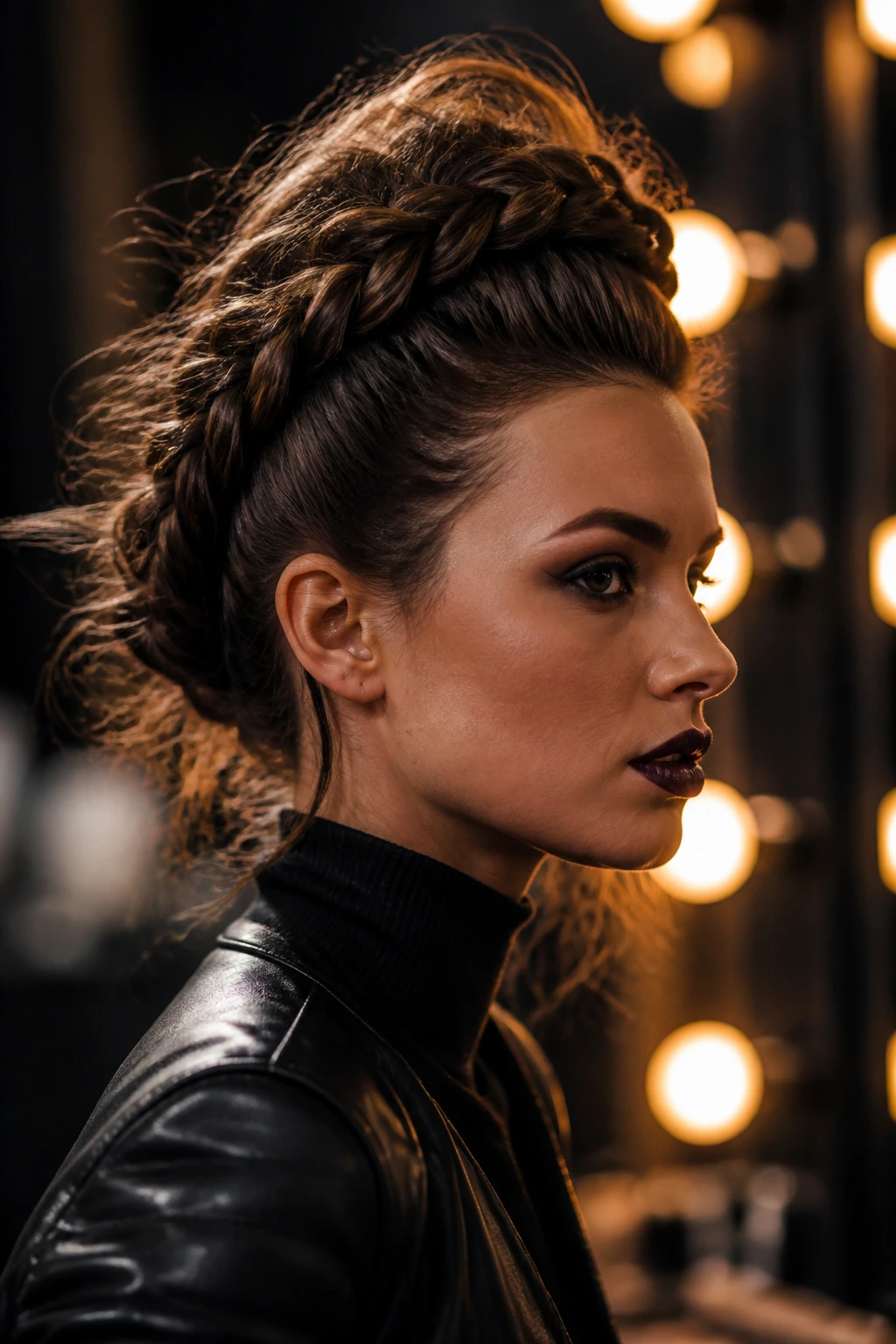 Close-up of a real woman with a center-teased crown braid forming a faux-hawk