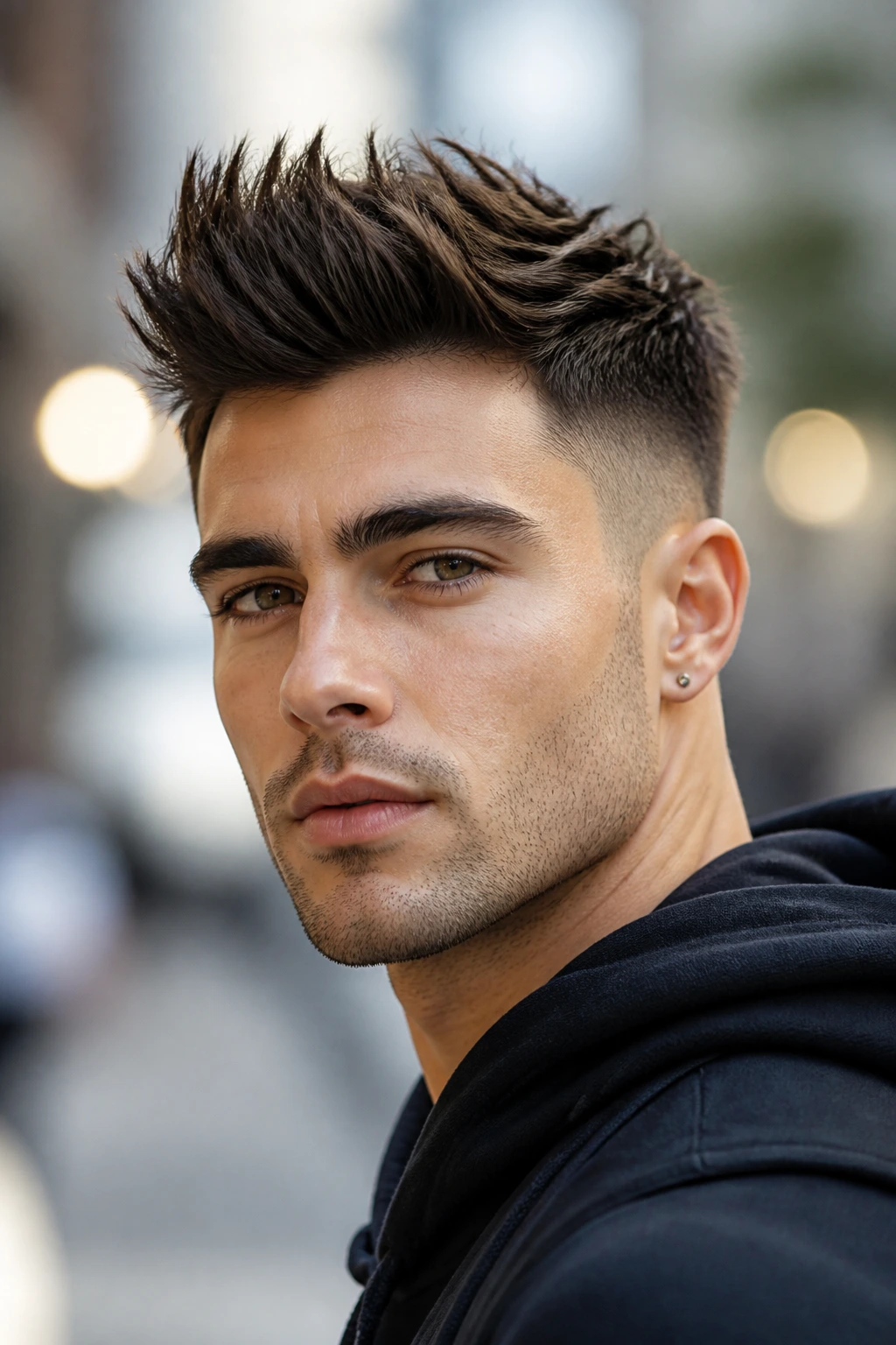 Close-up of a person with a messy faux hawk and textured crown in urban morning light
