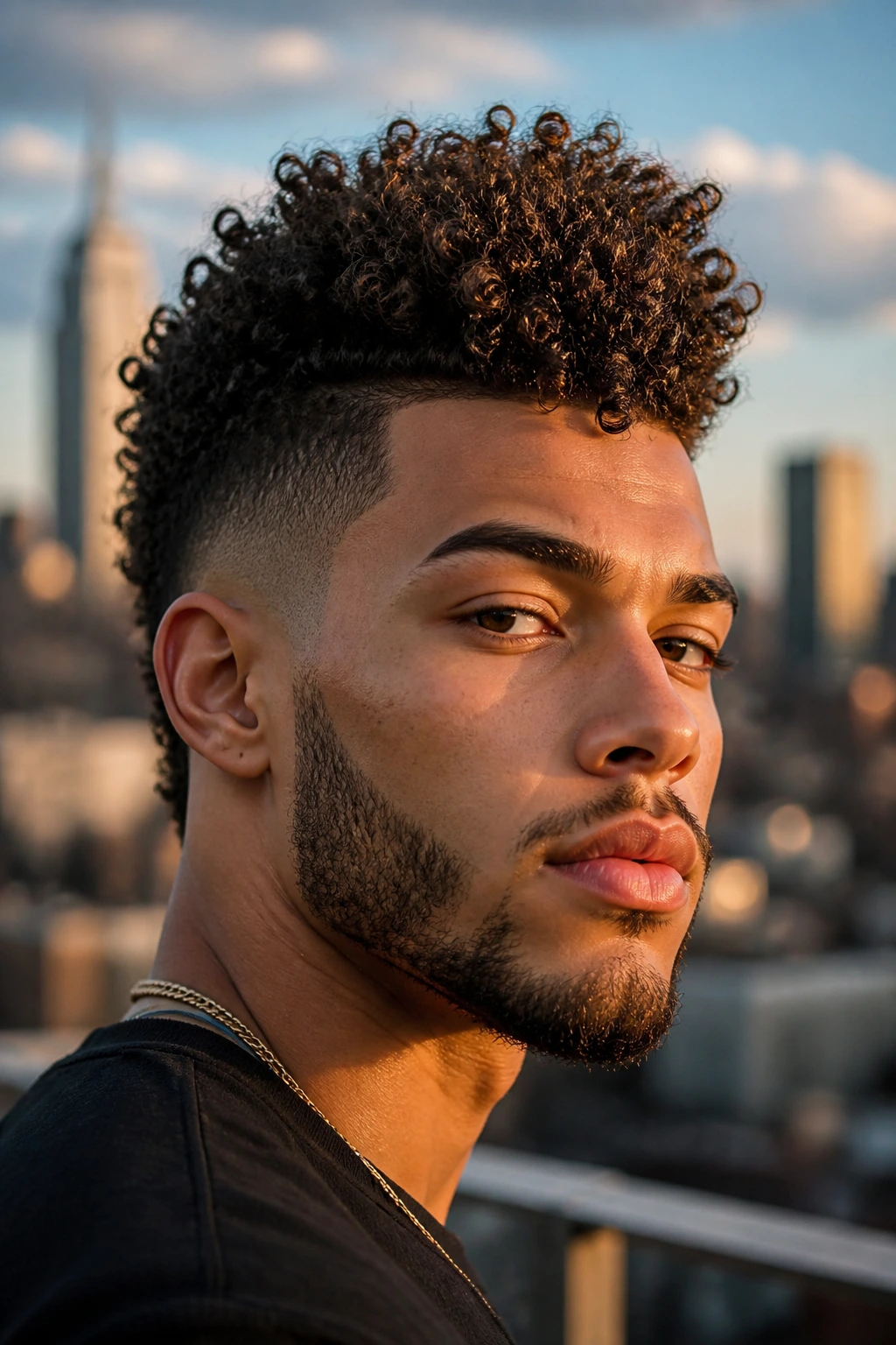 Close-up of a real person with a faux-hawk hairstyle on an urban rooftop at sunset