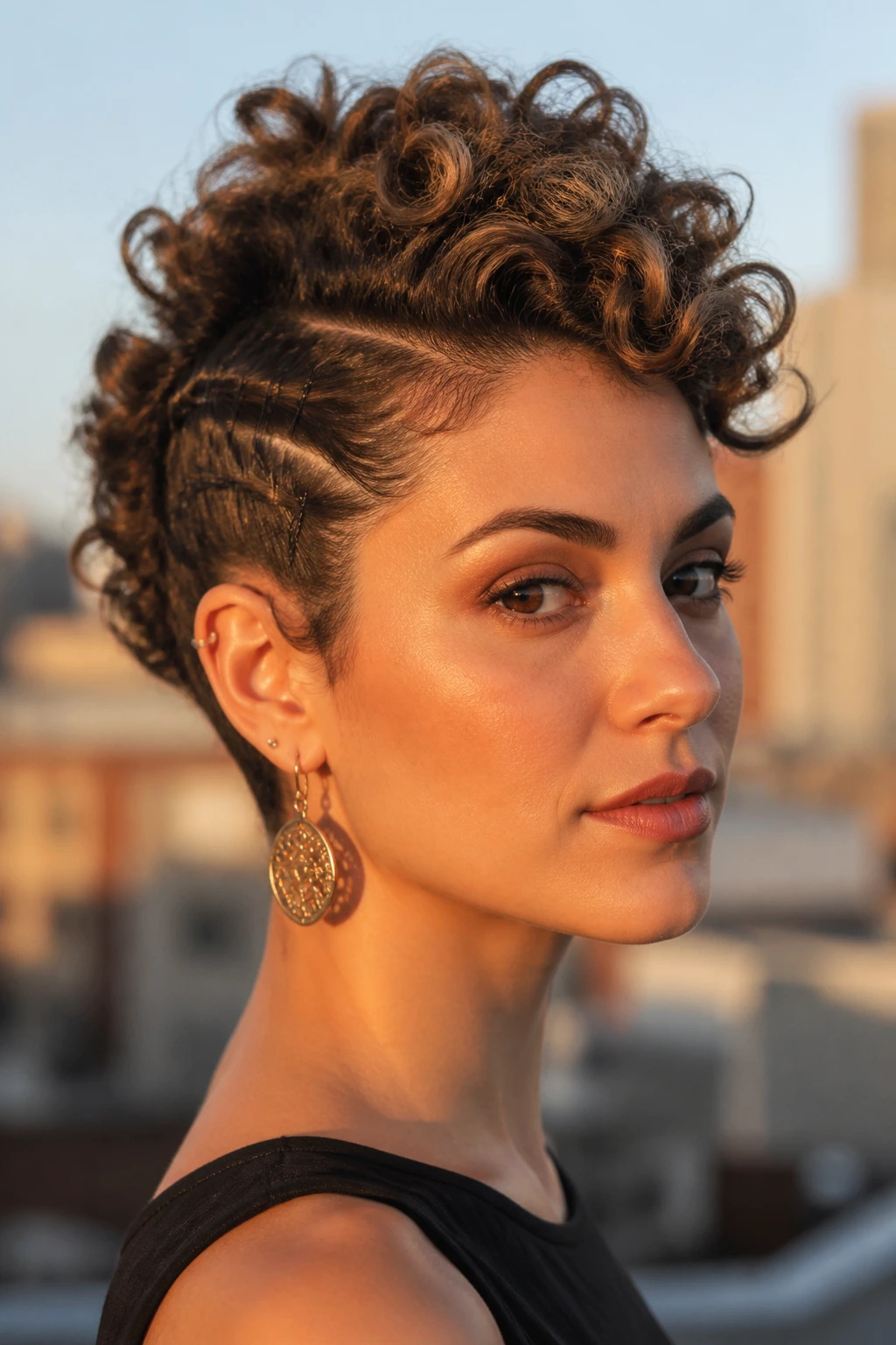 Portrait of a real woman with a faux-hawk curly style on top