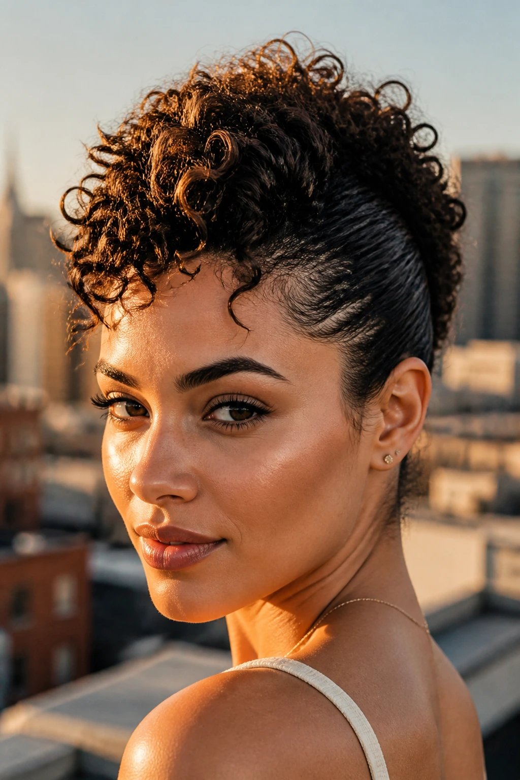 Real woman with a curly faux-hawk updo on a rooftop at golden hour