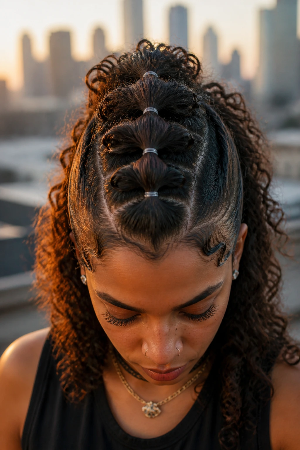 Close-up of a real person with a center row of micro fishtail braids forming a faux-hawk