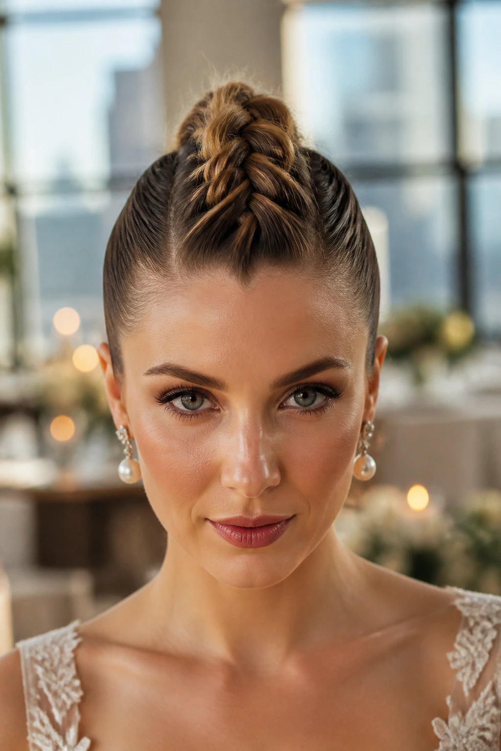 Close-up of real woman with a central faux-hawk French braid.