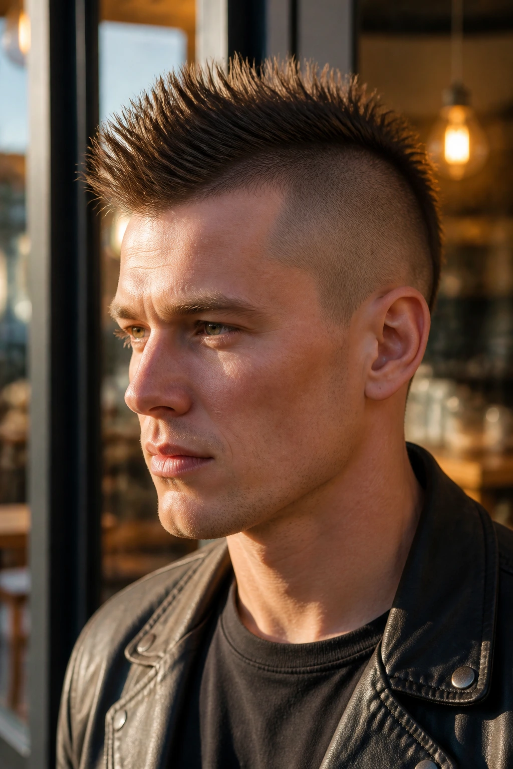 Portrait of a real person with a wide crown and short spiky mohawk (faux hawk)