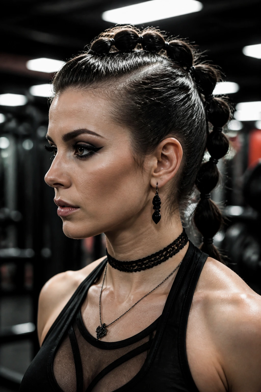 Close-up of a real woman with a tied-back faux-hawk hairstyle in a gym