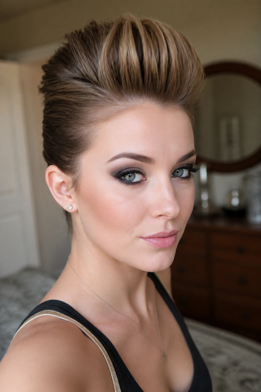 Close-up of a young woman with a modern faux-hawk hairstyle