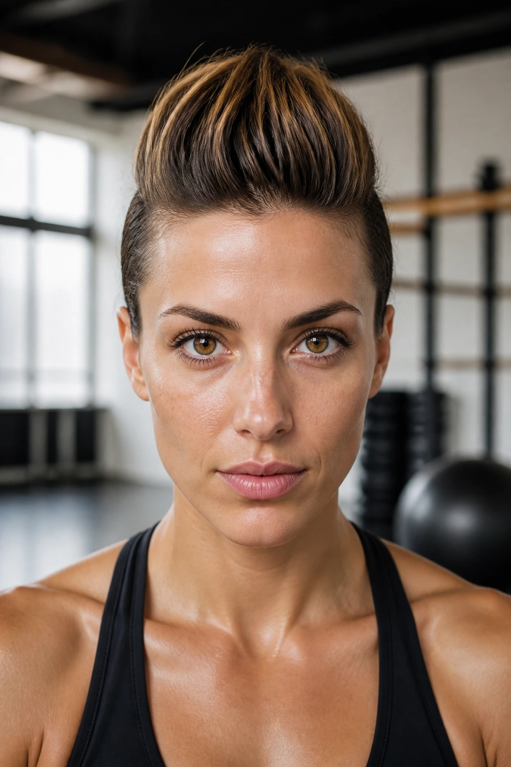 Frontal close-up of a real woman with a high-volume faux hawk