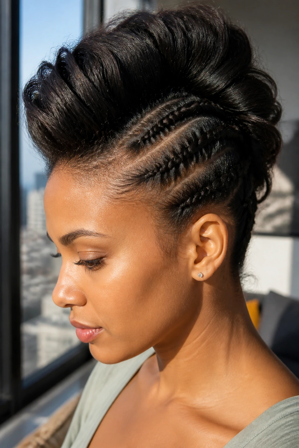 Close-up of a real woman with a bold faux-hawk and invisible side braids in a sunlit room