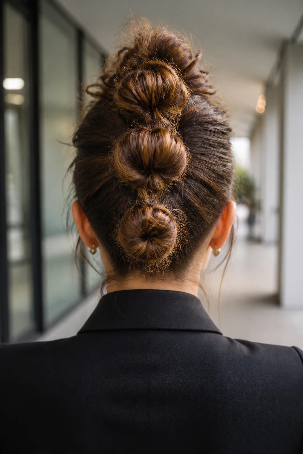 Back view of a real person with three center-aligned knots forming a faux-hawk.