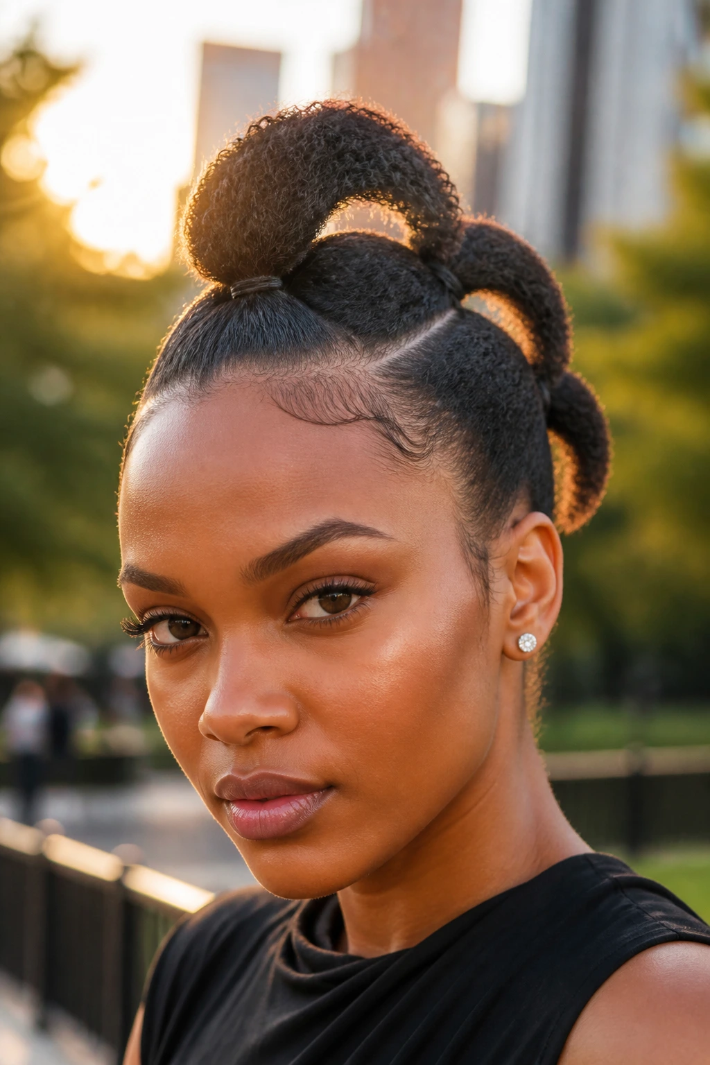 Close-up of a real person with curved crescent micro-ponies forming a faux-hawk
