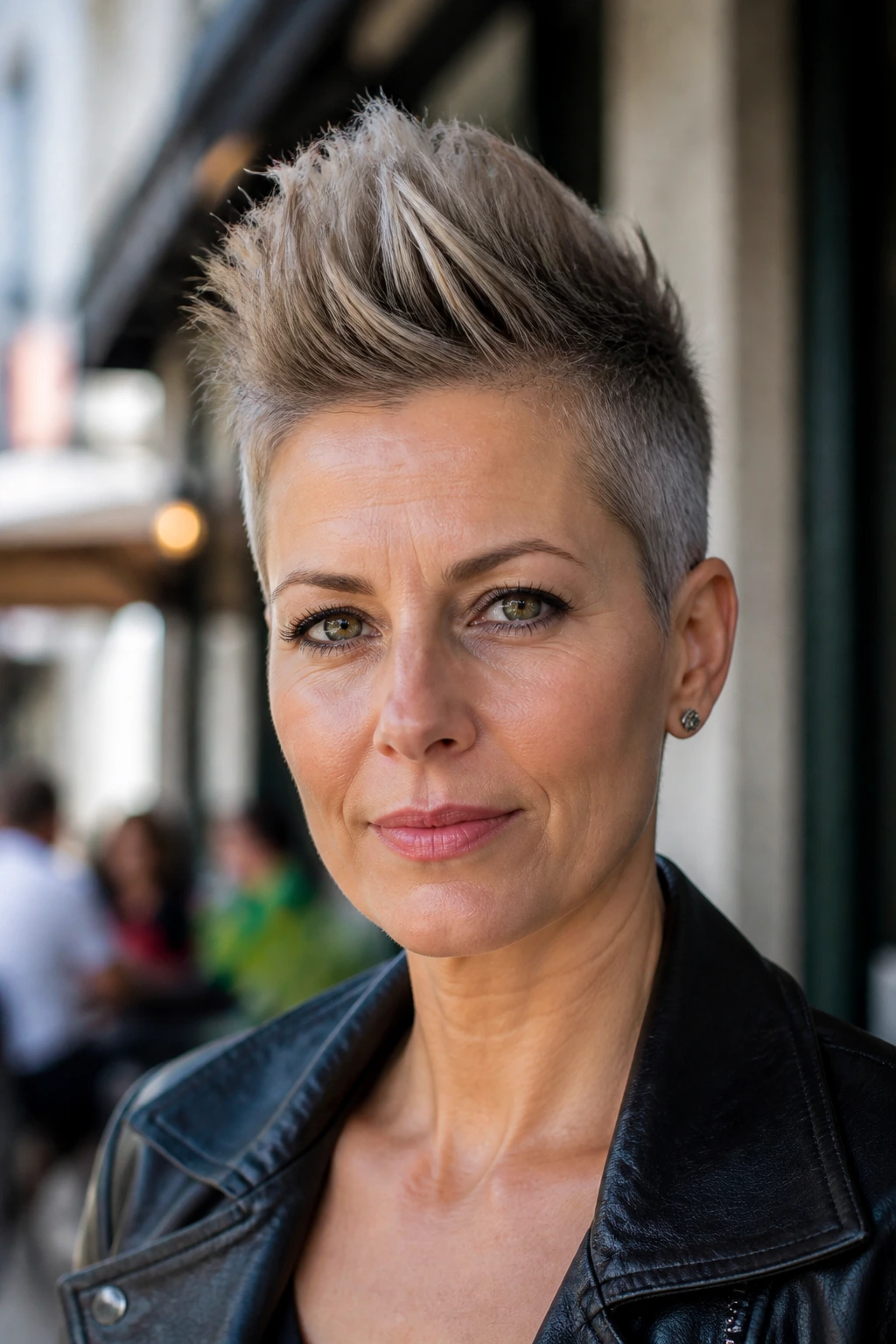 Close-up of a woman with a faux hawk pixie hairstyle