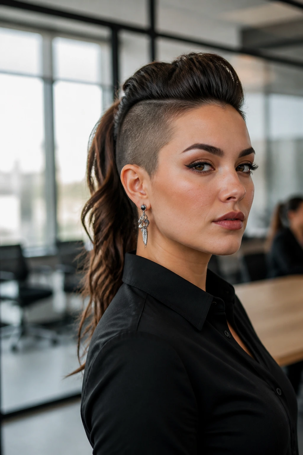 Close-up of a real person with a faux hawk ponytail and smooth sides in a meeting room