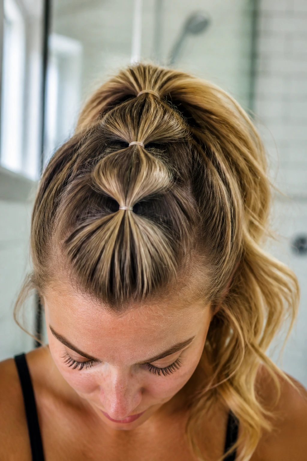 Close-up of a real woman's head with a faux-hawk made of hair puffs