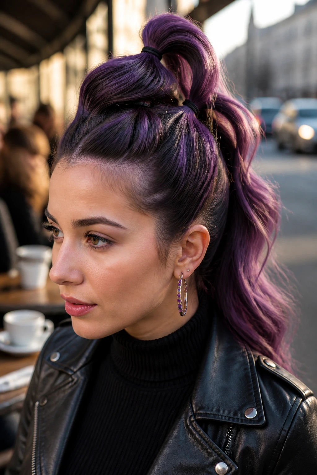 Medium close-up of a real person with a purple faux-hawk ponytail made of three mini-ponytails