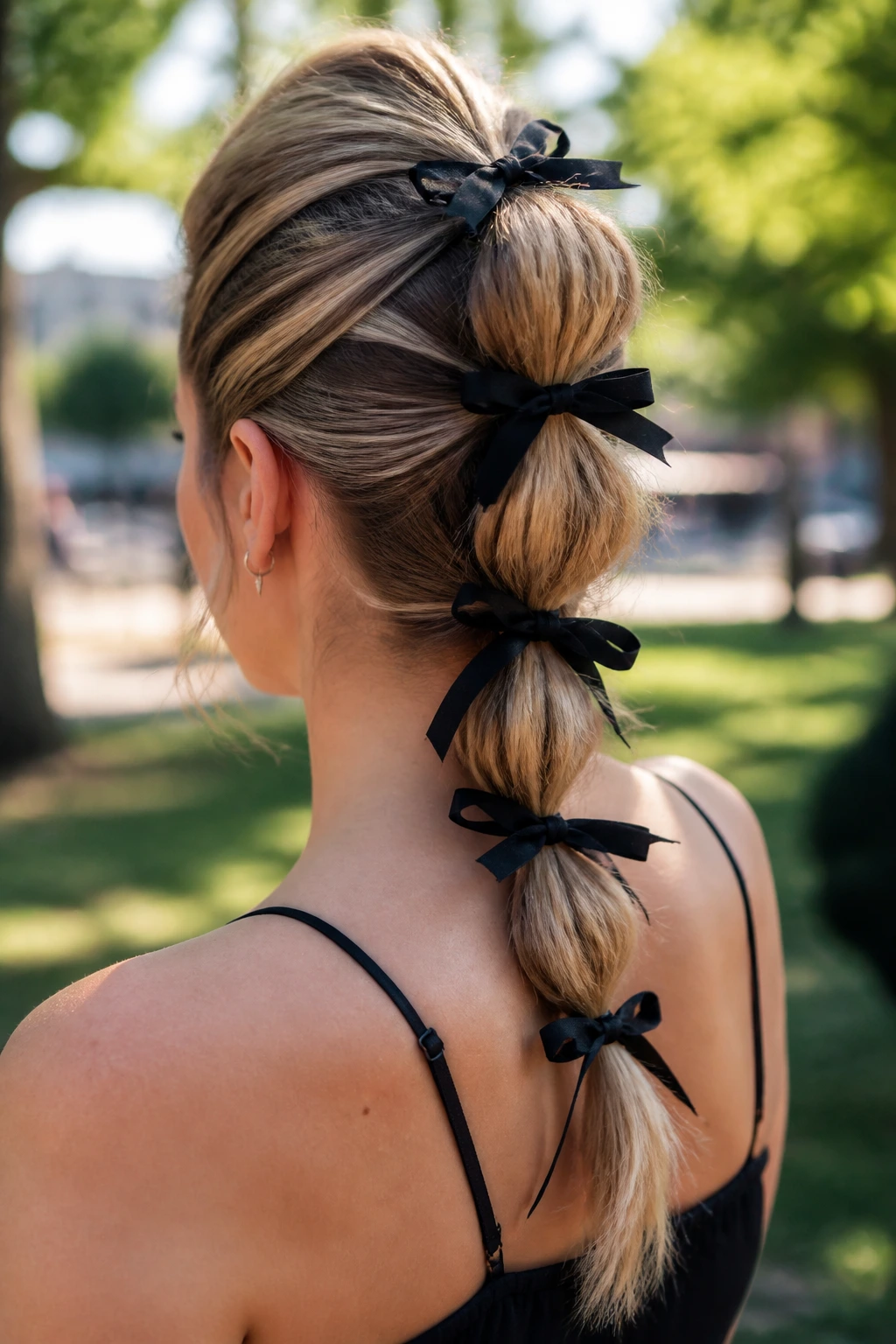 Back view of real woman with faux hawk ponytails tied with ribbons