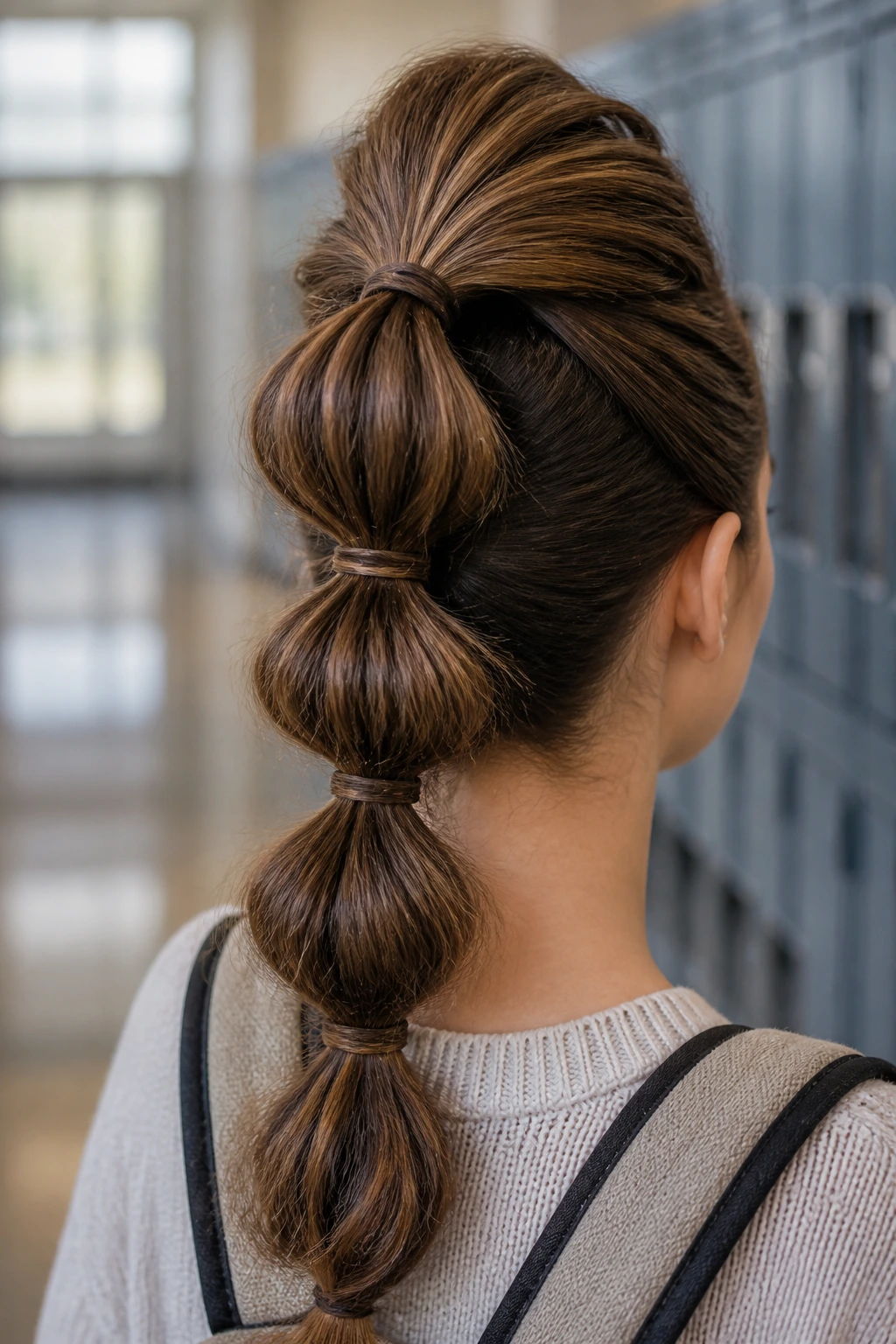 Back view of a real person with a high ponytail featuring stacked bubbles