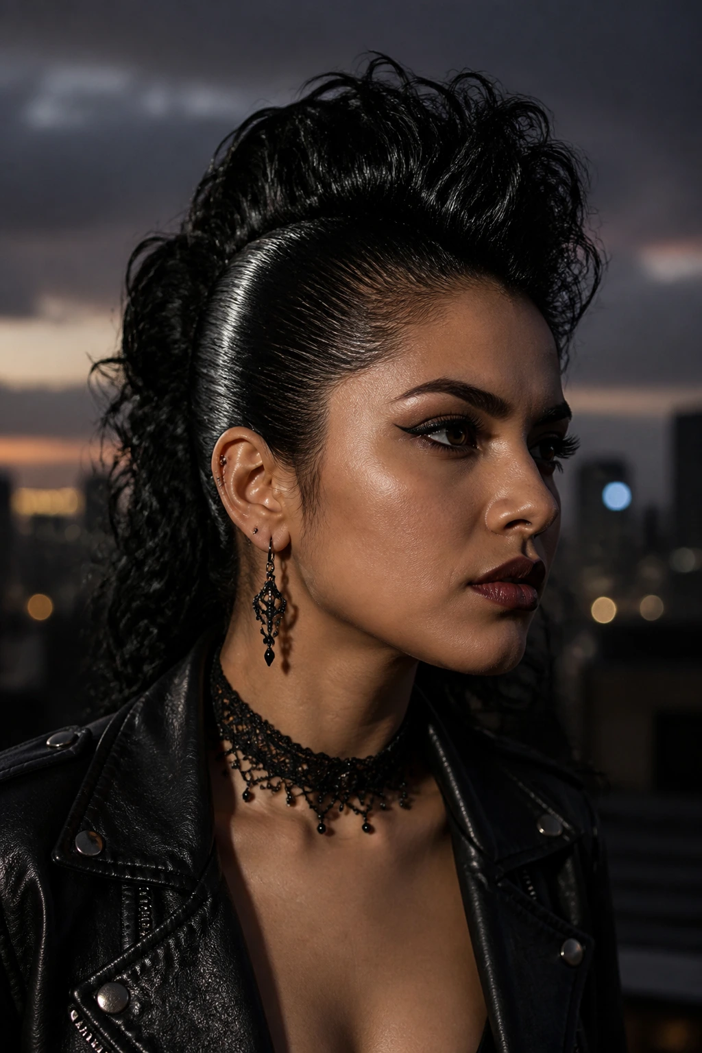 Real person with raven faux-hawk under moody city lights.
