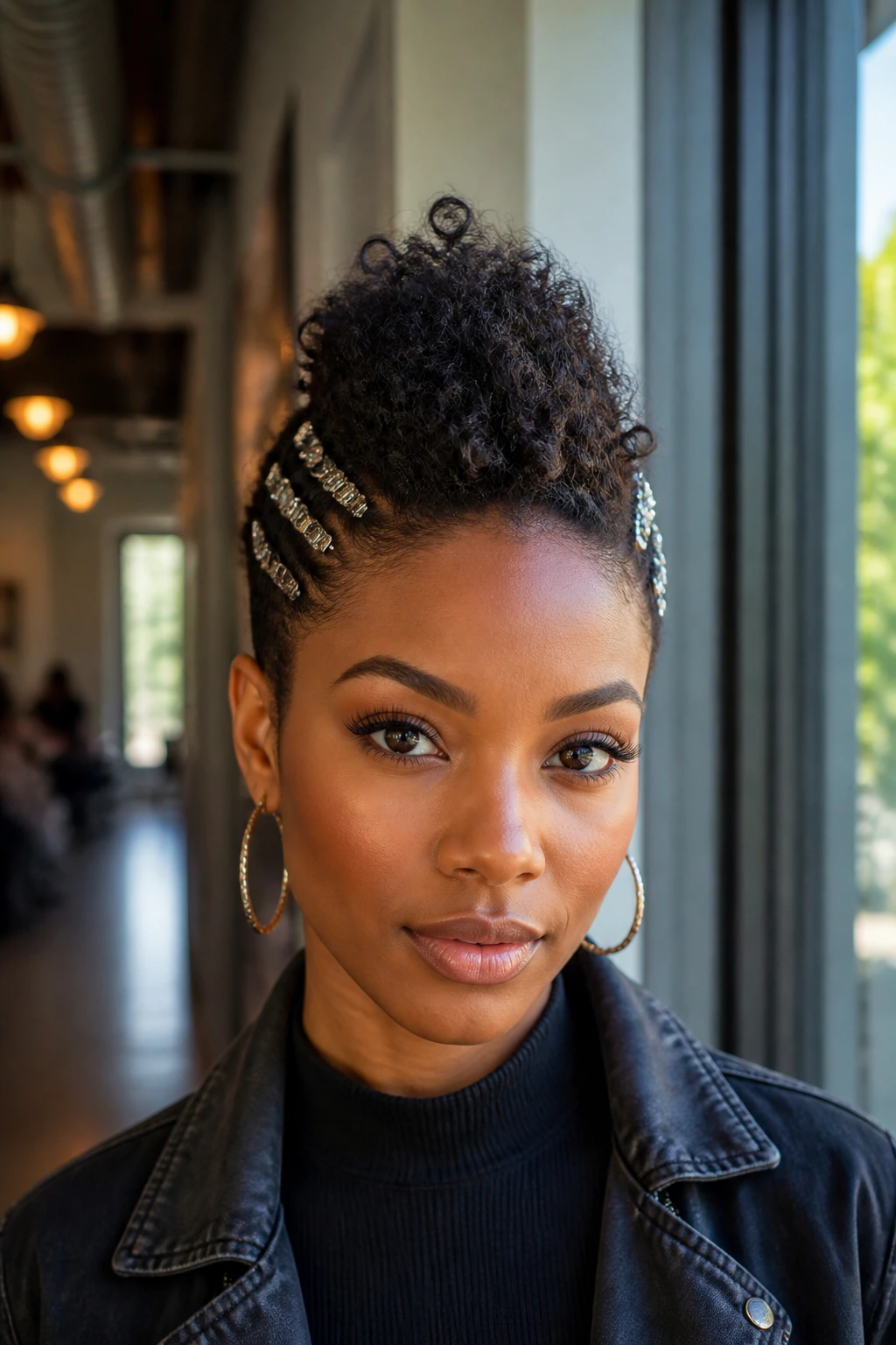 Real person with dramatic faux hawk secured by side clips