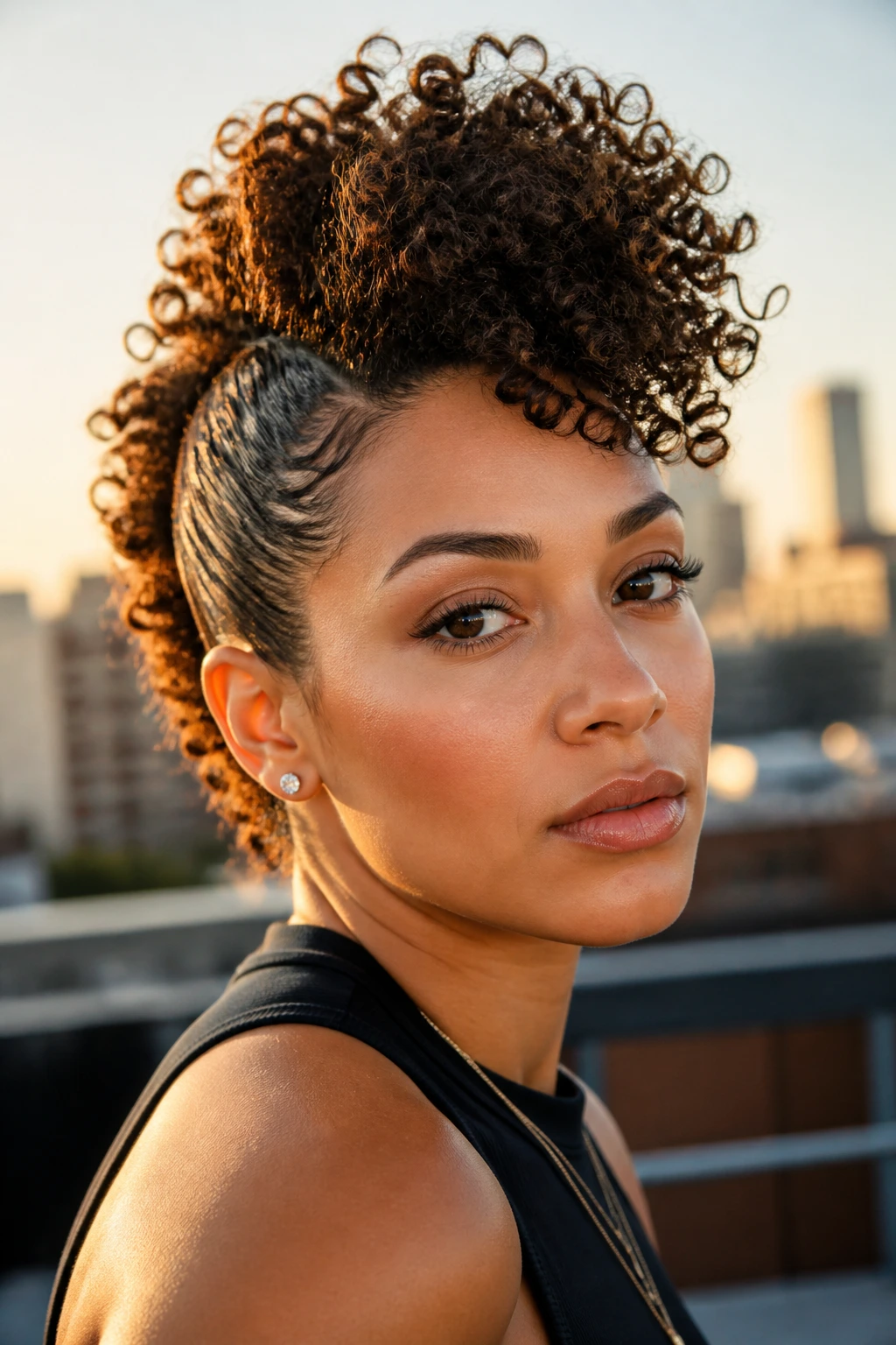 Portrait of a person with a faux-hawk and side curls on a rooftop at golden hour.