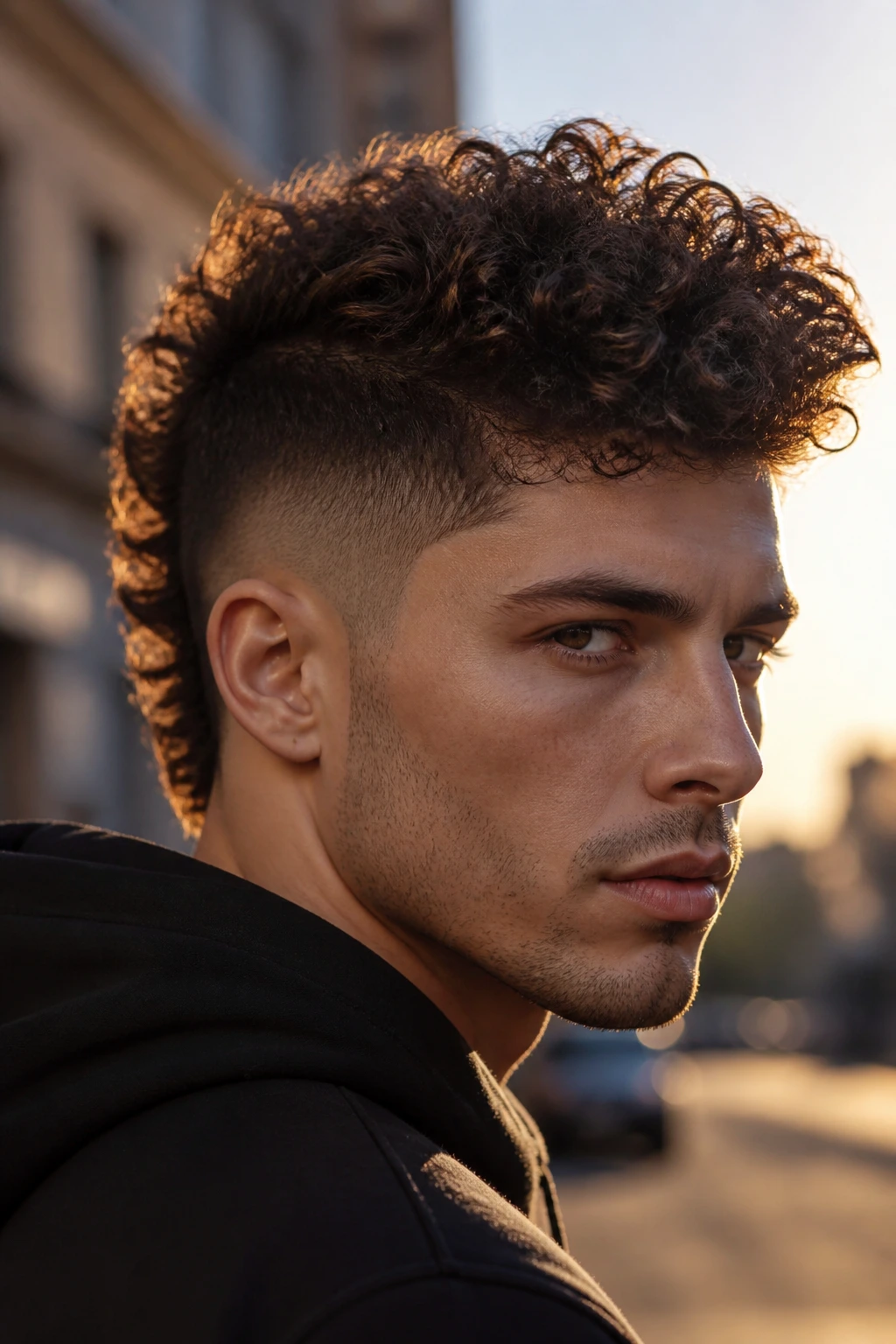 Close-up of a person with a curly faux-hawk and tapered sides