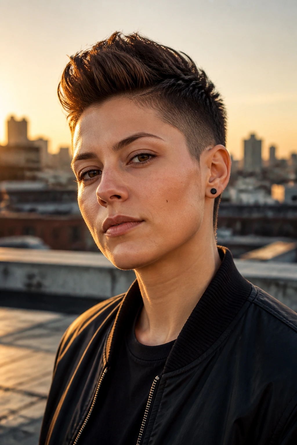 Portrait of a real person with a faux hawk and tapered sides in golden hour light