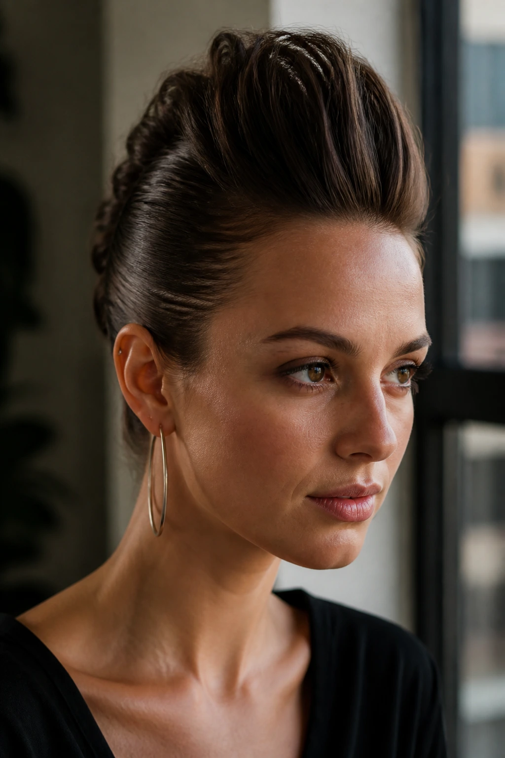 Close-up of a person with a teased center ridge faux-hawk and slick sides