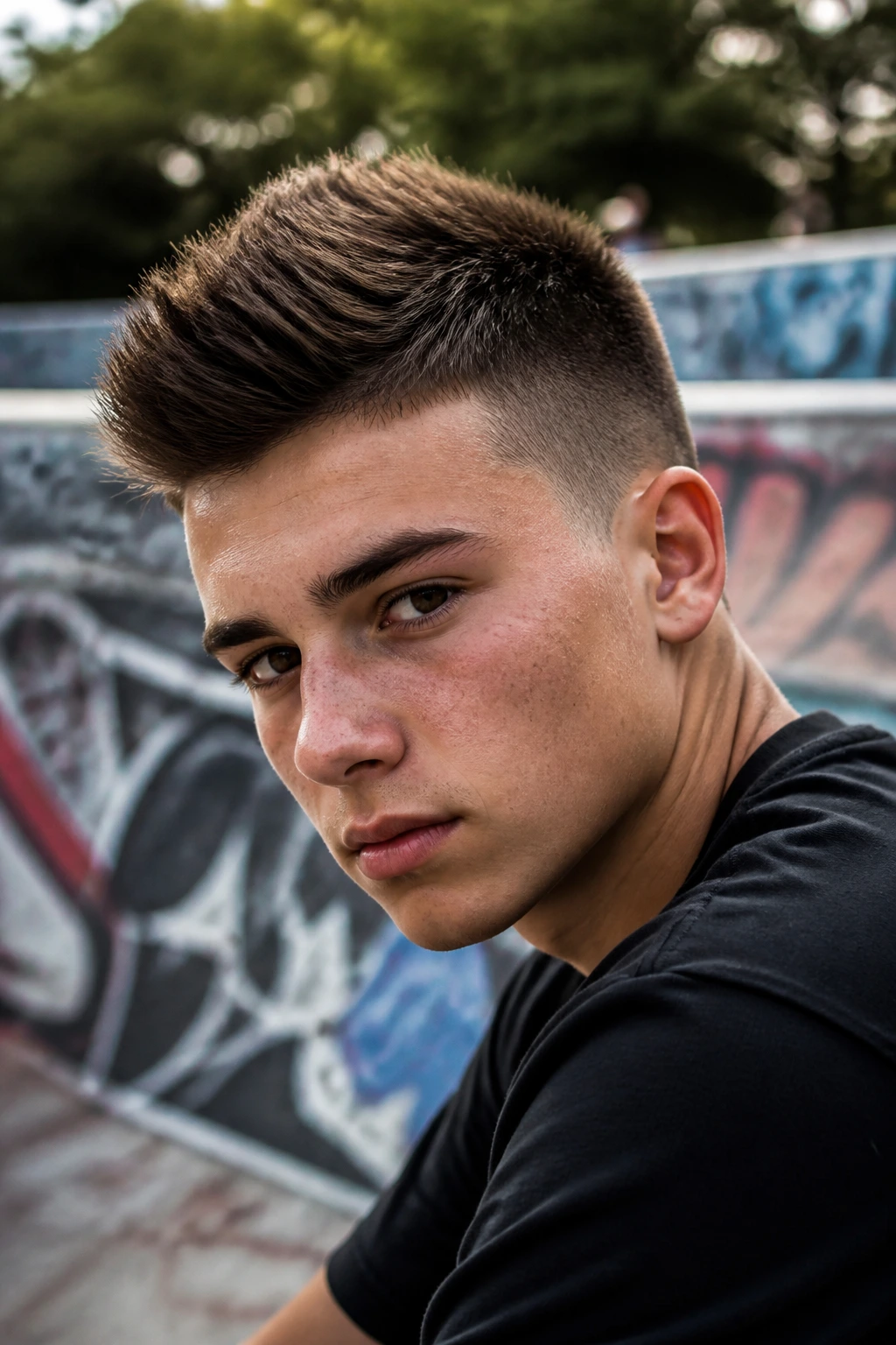 Close-up of teen with faux hawk hairstyle outdoors