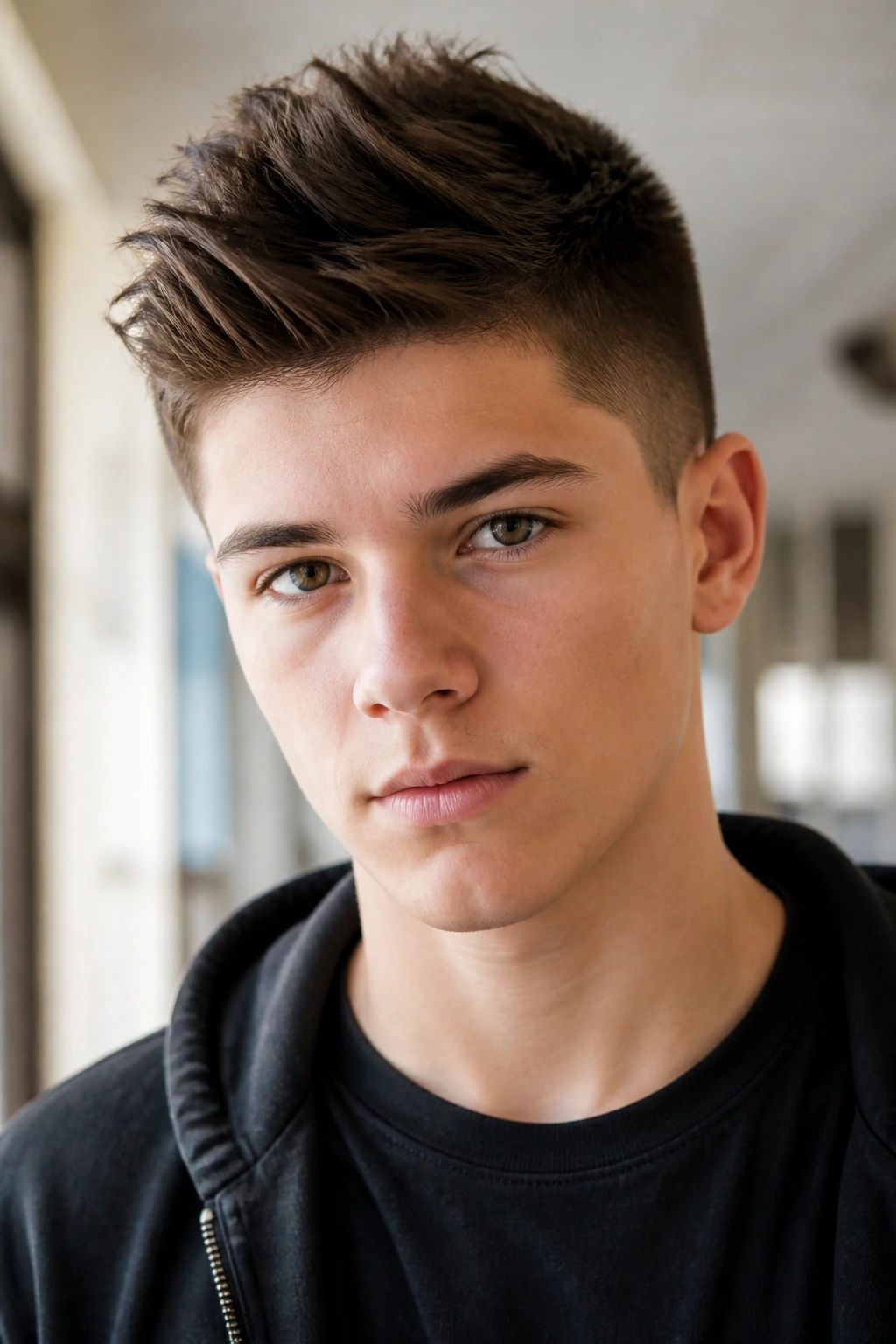 Teen with faux hawk hairstyle in hallway