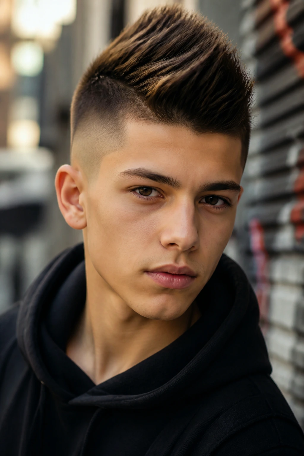Close-up of teen with faux hawk, centered spiked ridge and faded sides